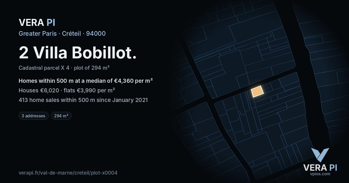 2 Villa Bobillot, Créteil at night – the plot lit, the parcels around coloured by the prices near them