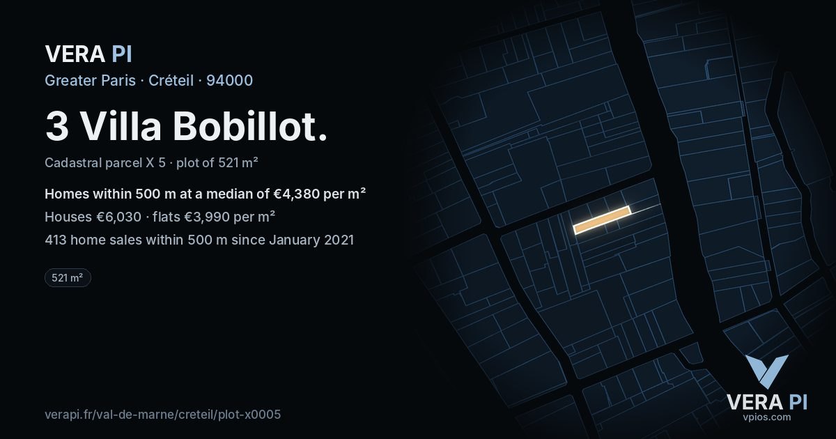 3 Villa Bobillot, Créteil at night – the plot lit, the parcels around coloured by the prices near them