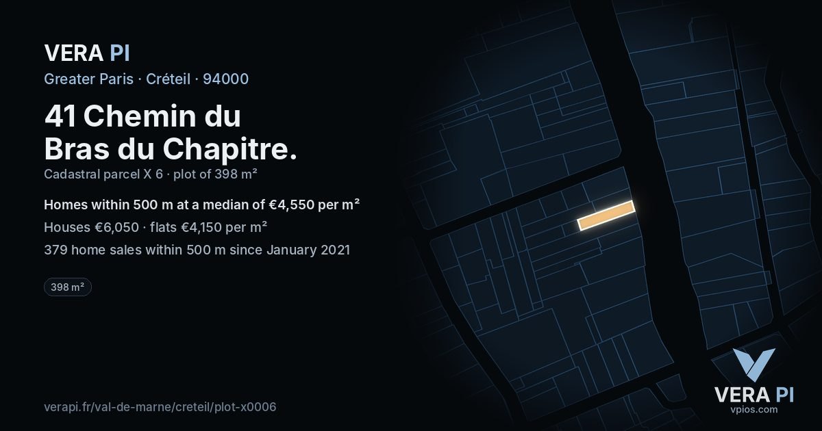 41 Chemin du Bras du Chapitre, Créteil at night – the plot lit, the parcels around coloured by the prices near them