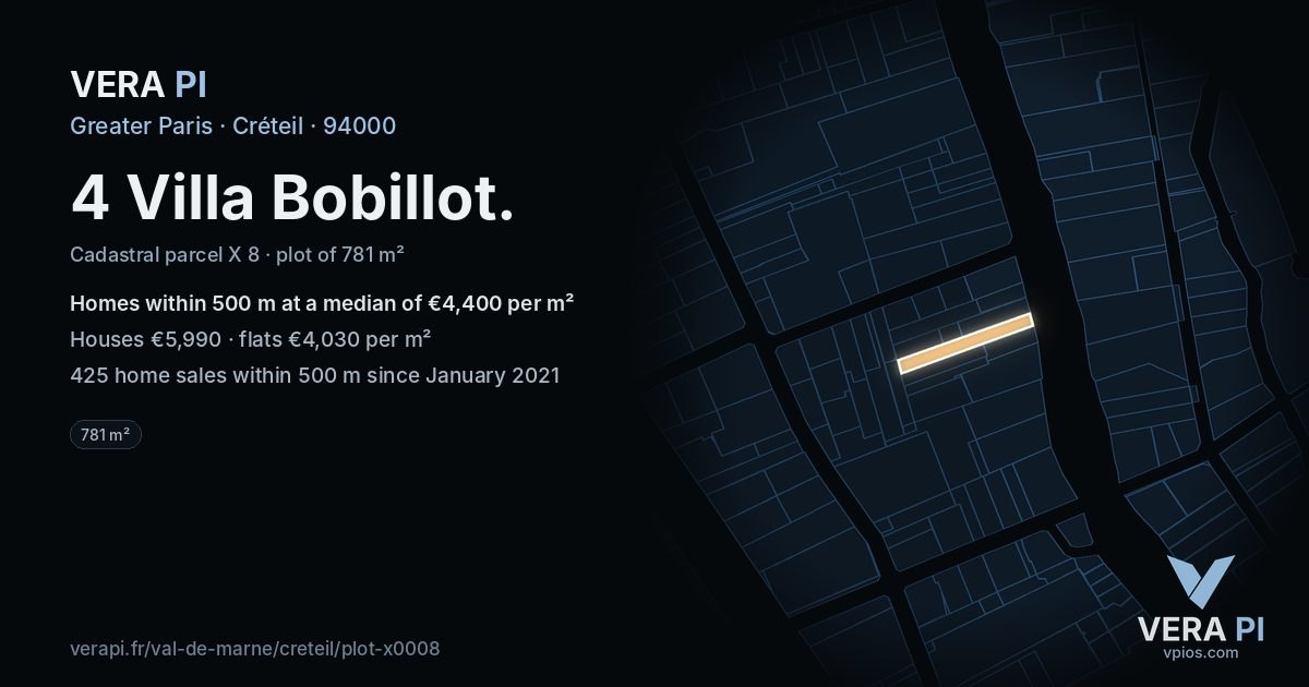 4 Villa Bobillot, Créteil at night – the plot lit, the parcels around coloured by the prices near them