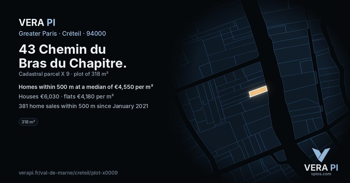 43 Chemin du Bras du Chapitre, Créteil at night – the plot lit, the parcels around coloured by the prices near them