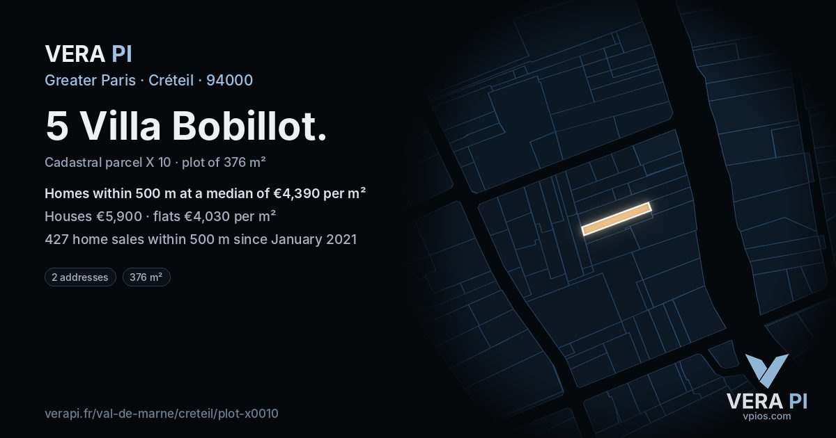 5 Villa Bobillot, Créteil at night – the plot lit, the parcels around coloured by the prices near them