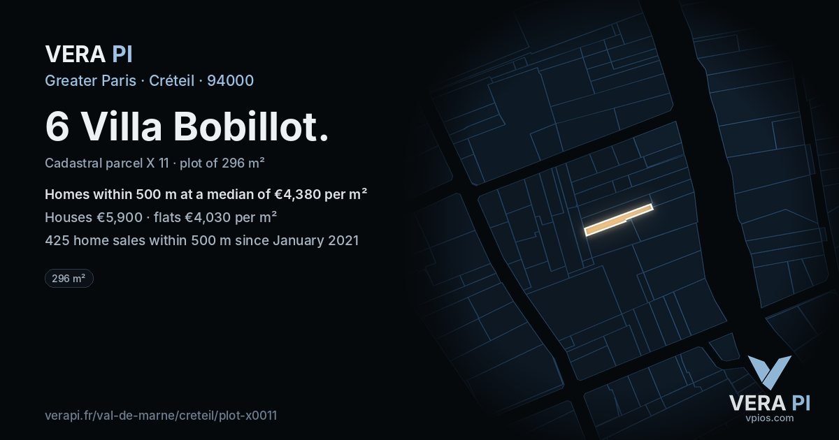 6 Villa Bobillot, Créteil at night – the plot lit, the parcels around coloured by the prices near them