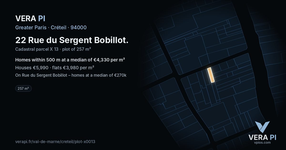 22 Rue du Sergent Bobillot, Créteil at night – the plot lit, the parcels around coloured by the prices near them