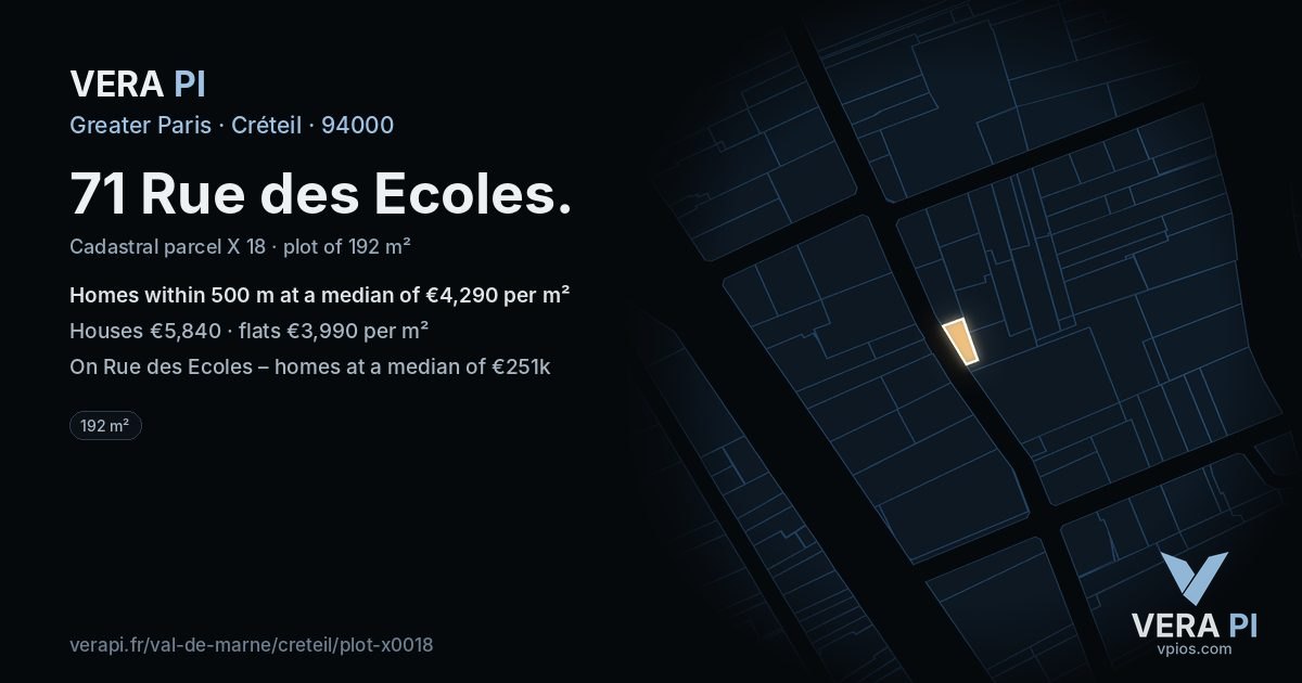 71 Rue des Ecoles, Créteil at night – the plot lit, the parcels around coloured by the prices near them