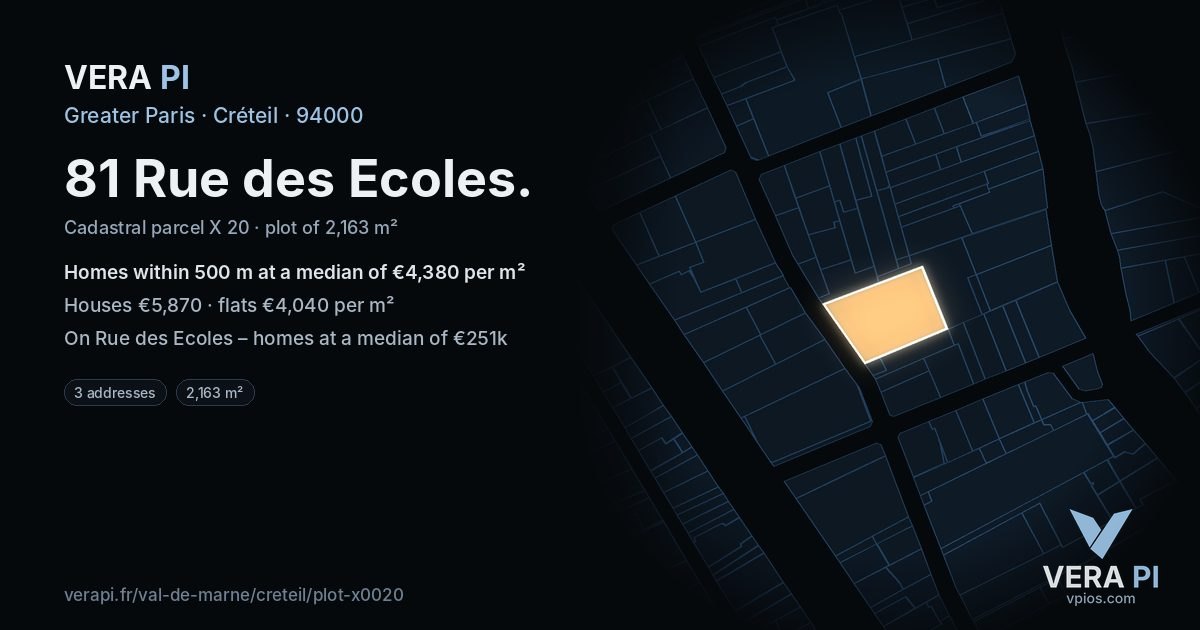 81 Rue des Ecoles, Créteil at night – the plot lit, the parcels around coloured by the prices near them