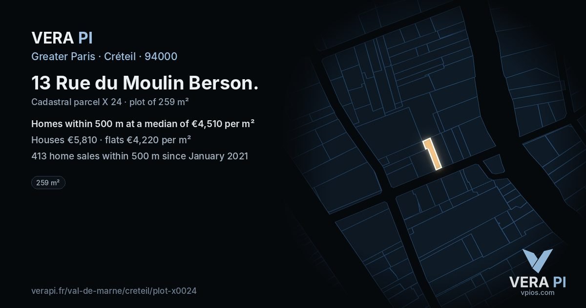 13 Rue du Moulin Berson, Créteil at night – the plot lit, the parcels around coloured by the prices near them
