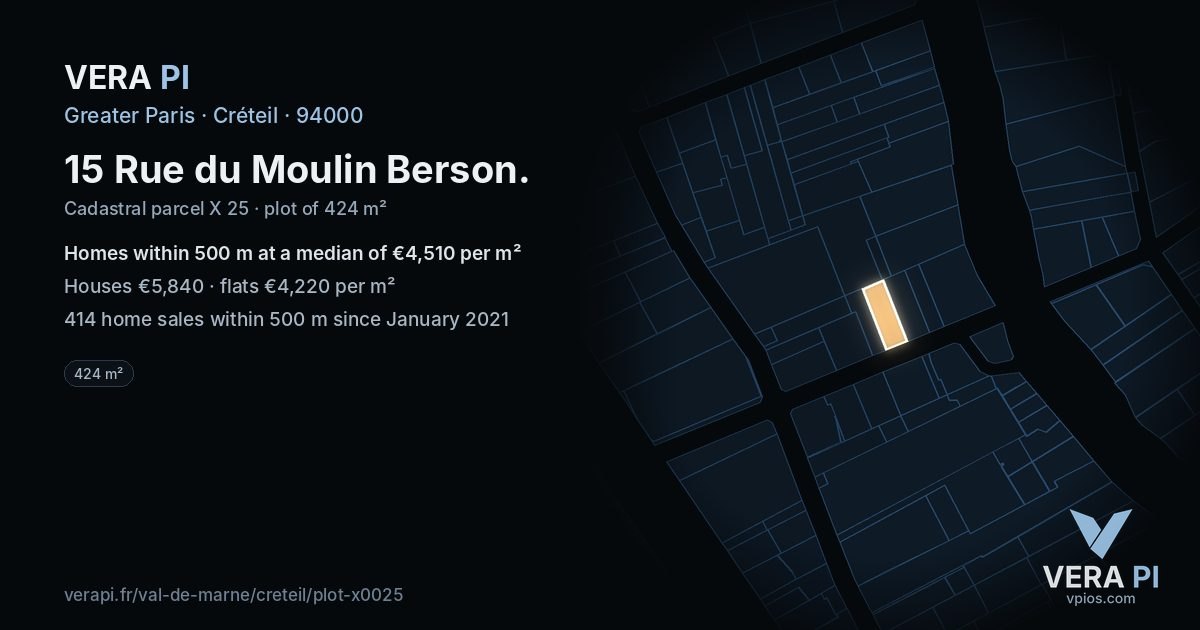 15 Rue du Moulin Berson, Créteil at night – the plot lit, the parcels around coloured by the prices near them