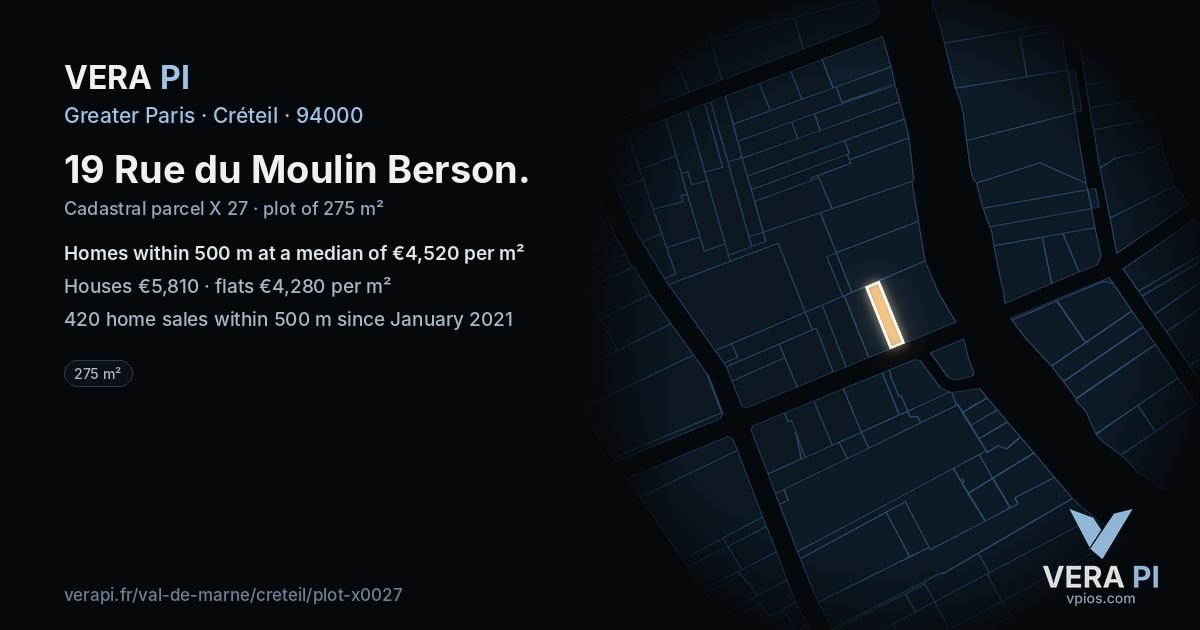 19 Rue du Moulin Berson, Créteil at night – the plot lit, the parcels around coloured by the prices near them