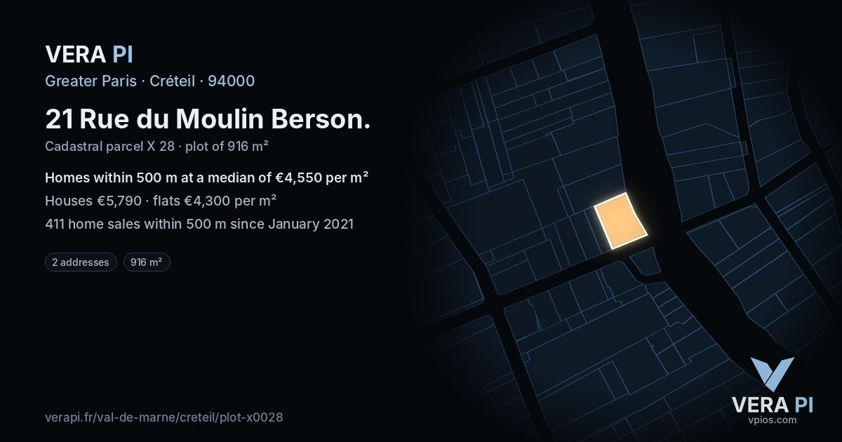 21 Rue du Moulin Berson, Créteil at night – the plot lit, the parcels around coloured by the prices near them