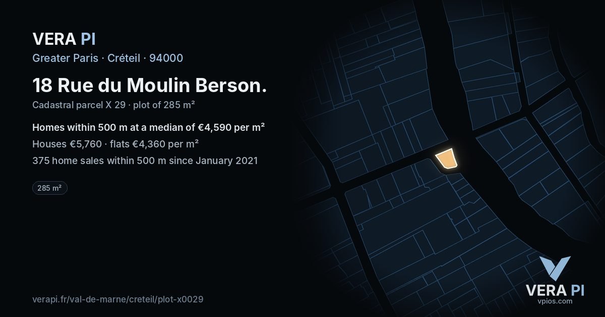 18 Rue du Moulin Berson, Créteil at night – the plot lit, the parcels around coloured by the prices near them