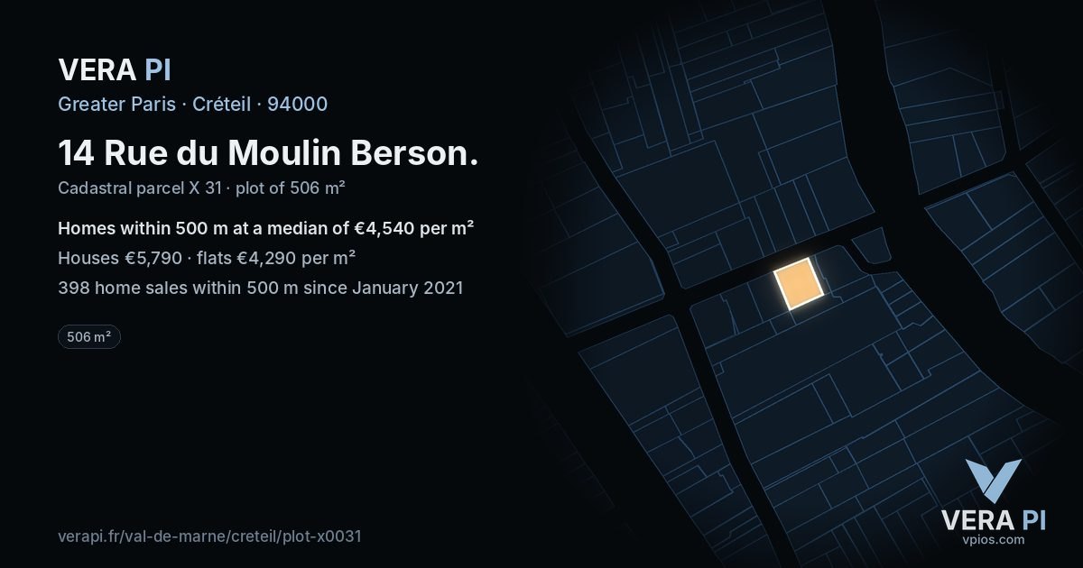 14 Rue du Moulin Berson, Créteil at night – the plot lit, the parcels around coloured by the prices near them