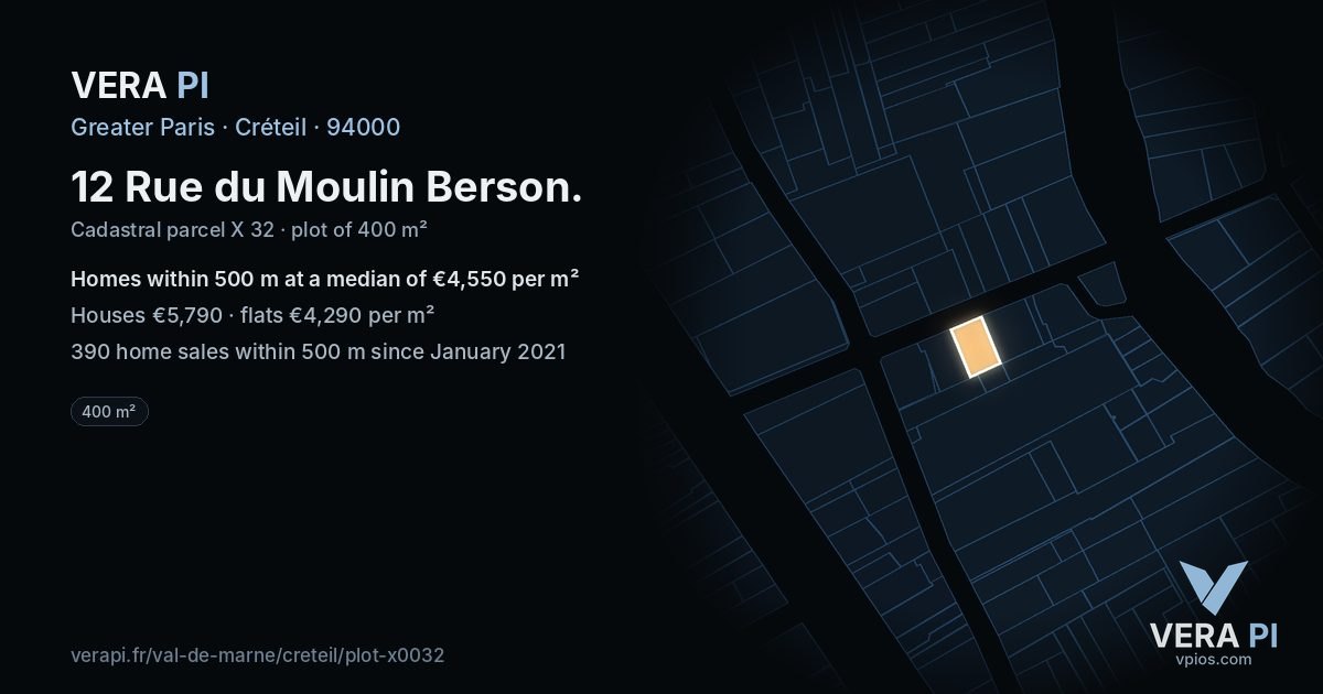 12 Rue du Moulin Berson, Créteil at night – the plot lit, the parcels around coloured by the prices near them