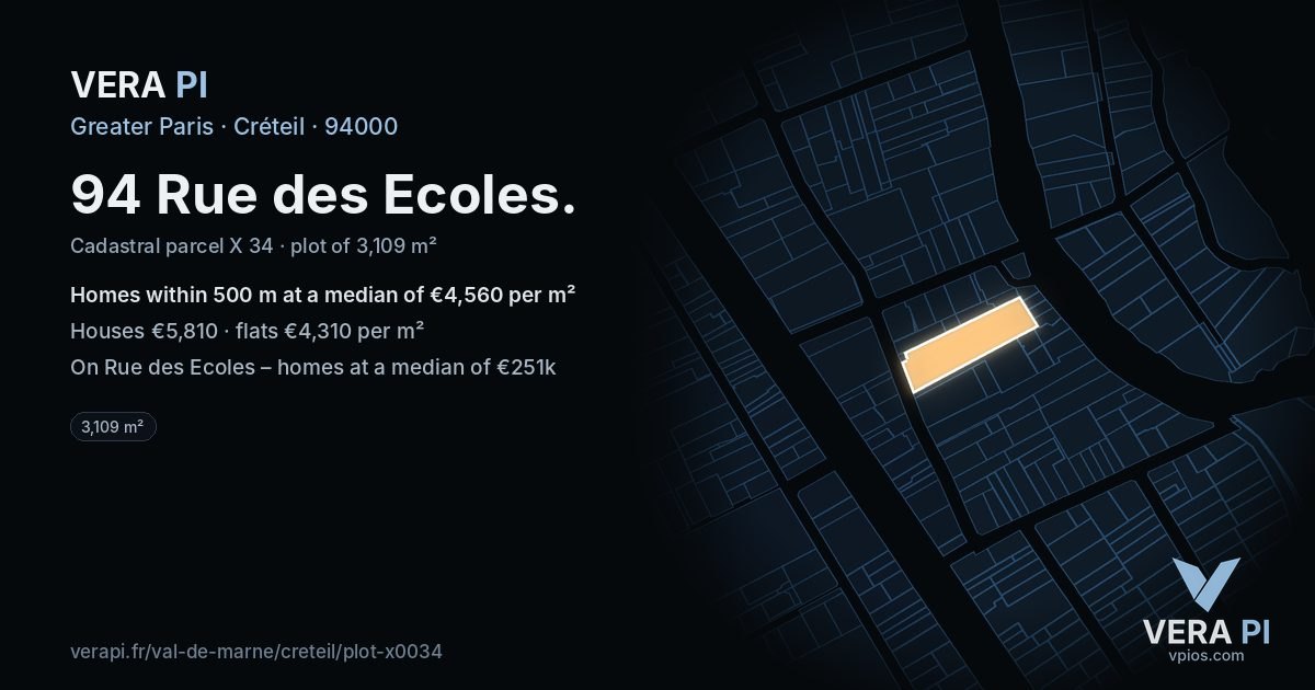 94 Rue des Ecoles, Créteil at night – the plot lit, the parcels around coloured by the prices near them