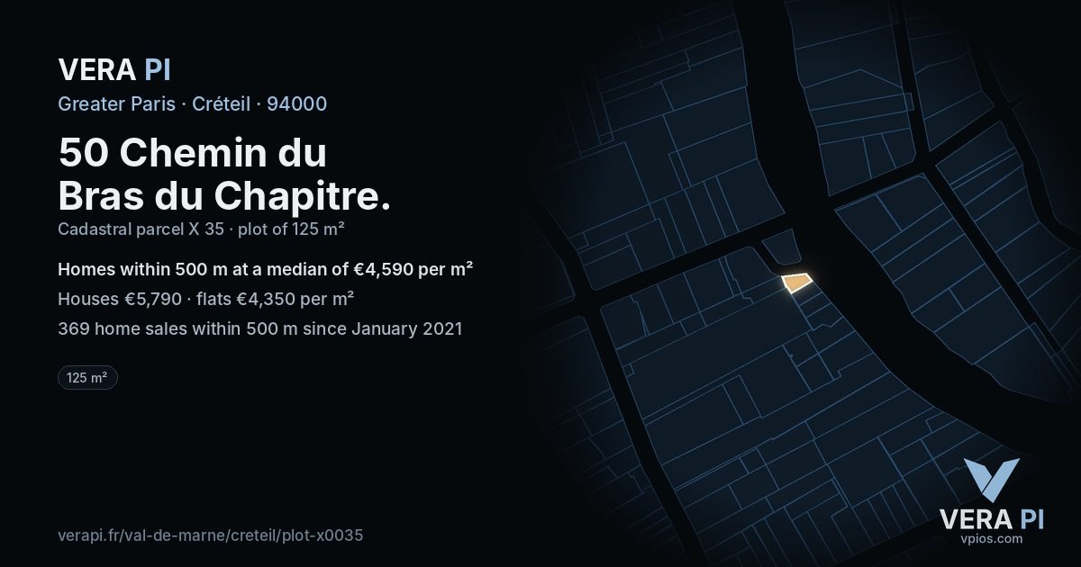 50 Chemin du Bras du Chapitre, Créteil at night – the plot lit, the parcels around coloured by the prices near them