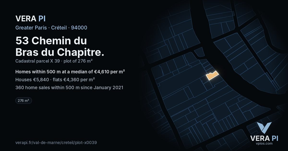 53 Chemin du Bras du Chapitre, Créteil at night – the plot lit, the parcels around coloured by the prices near them