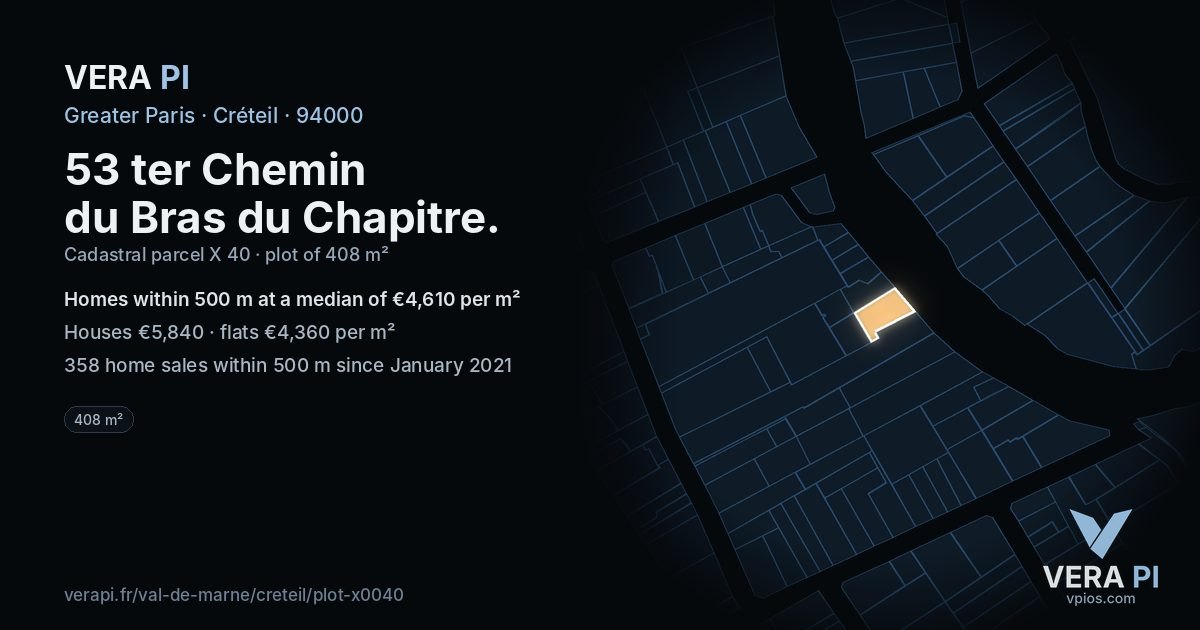 53 ter Chemin du Bras du Chapitre, Créteil at night – the plot lit, the parcels around coloured by the prices near them