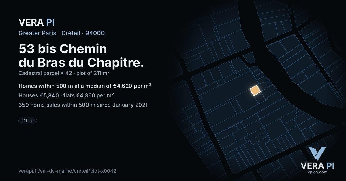 53 bis Chemin du Bras du Chapitre, Créteil at night – the plot lit, the parcels around coloured by the prices near them