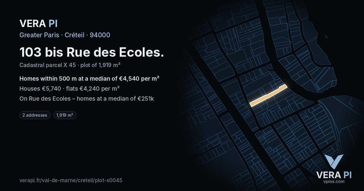 103 bis Rue des Ecoles, Créteil at night – the plot lit, the parcels around coloured by the prices near them