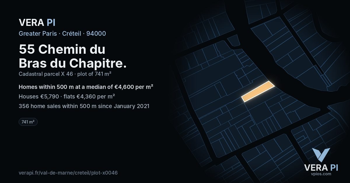 55 Chemin du Bras du Chapitre, Créteil at night – the plot lit, the parcels around coloured by the prices near them