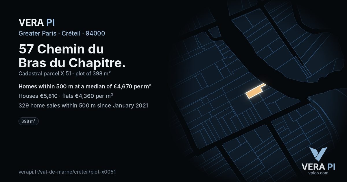 57 Chemin du Bras du Chapitre, Créteil at night – the plot lit, the parcels around coloured by the prices near them