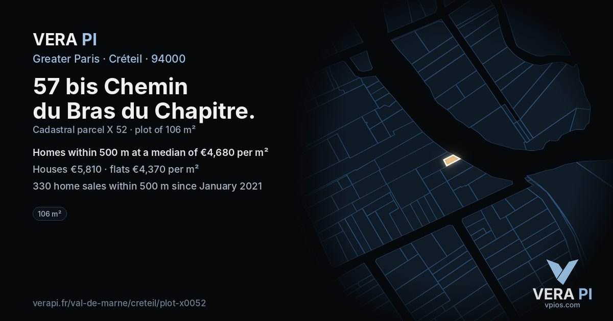 57 bis Chemin du Bras du Chapitre, Créteil at night – the plot lit, the parcels around coloured by the prices near them