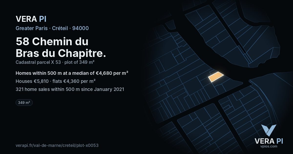 58 Chemin du Bras du Chapitre, Créteil at night – the plot lit, the parcels around coloured by the prices near them