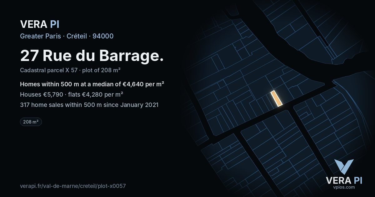 27 Rue du Barrage, Créteil at night – the plot lit, the parcels around coloured by the prices near them