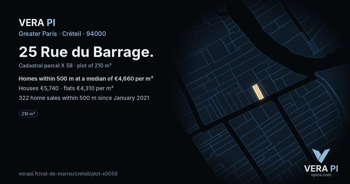 25 Rue du Barrage, Créteil at night – the plot lit, the parcels around coloured by the prices near them