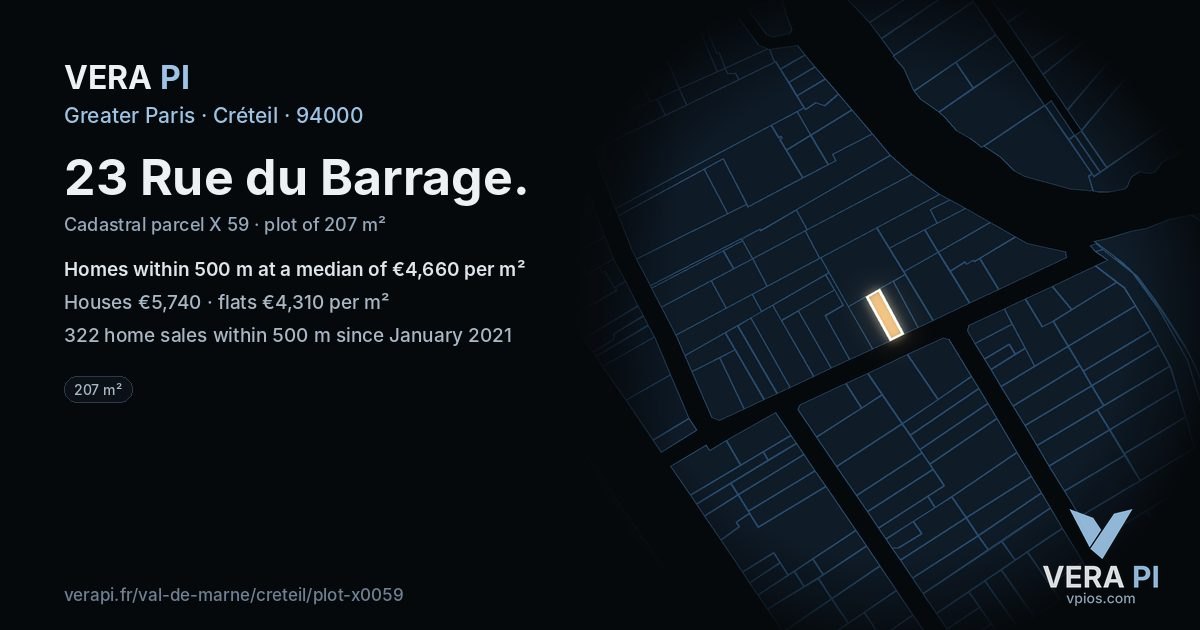23 Rue du Barrage, Créteil at night – the plot lit, the parcels around coloured by the prices near them
