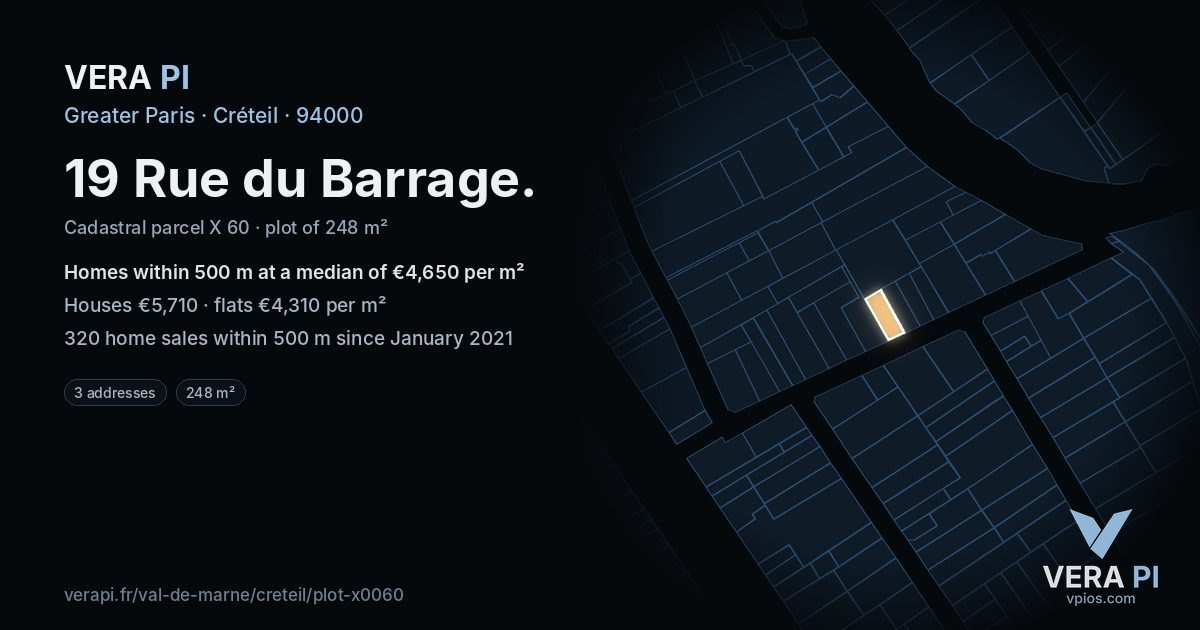 19 Rue du Barrage, Créteil at night – the plot lit, the parcels around coloured by the prices near them