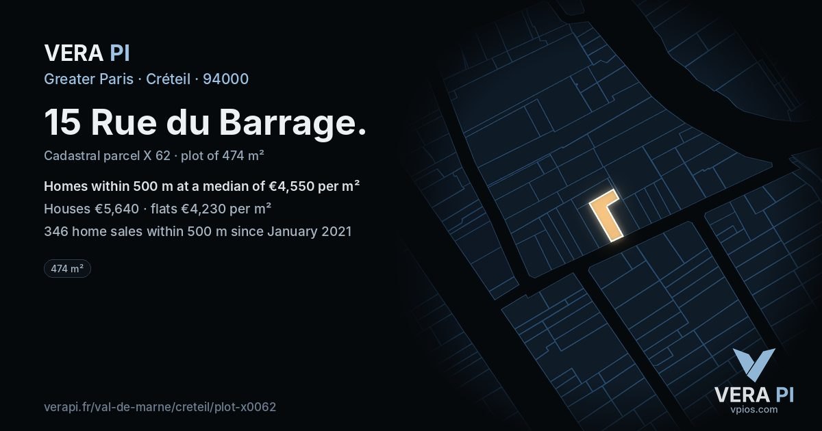 15 Rue du Barrage, Créteil at night – the plot lit, the parcels around coloured by the prices near them