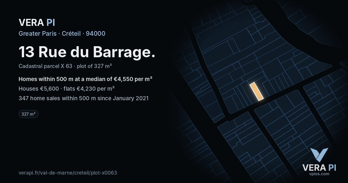 13 Rue du Barrage, Créteil at night – the plot lit, the parcels around coloured by the prices near them