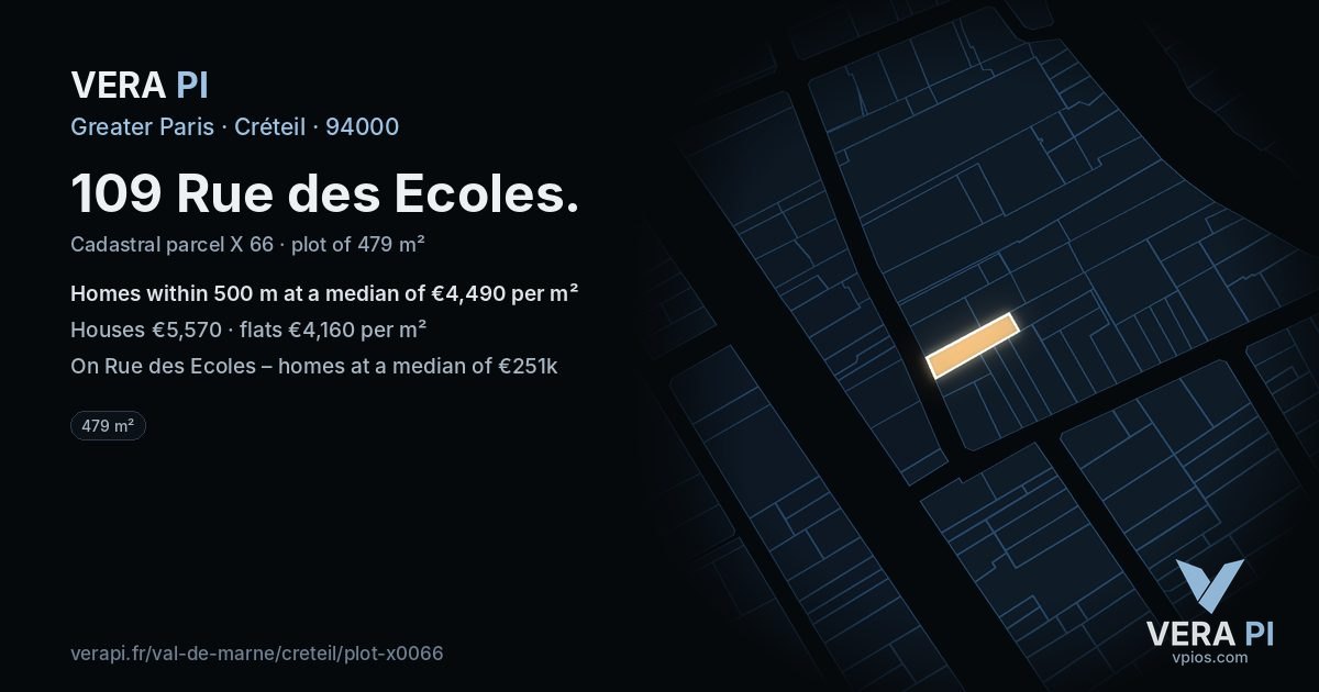 109 Rue des Ecoles, Créteil at night – the plot lit, the parcels around coloured by the prices near them