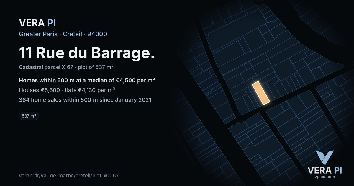 11 Rue du Barrage, Créteil at night – the plot lit, the parcels around coloured by the prices near them