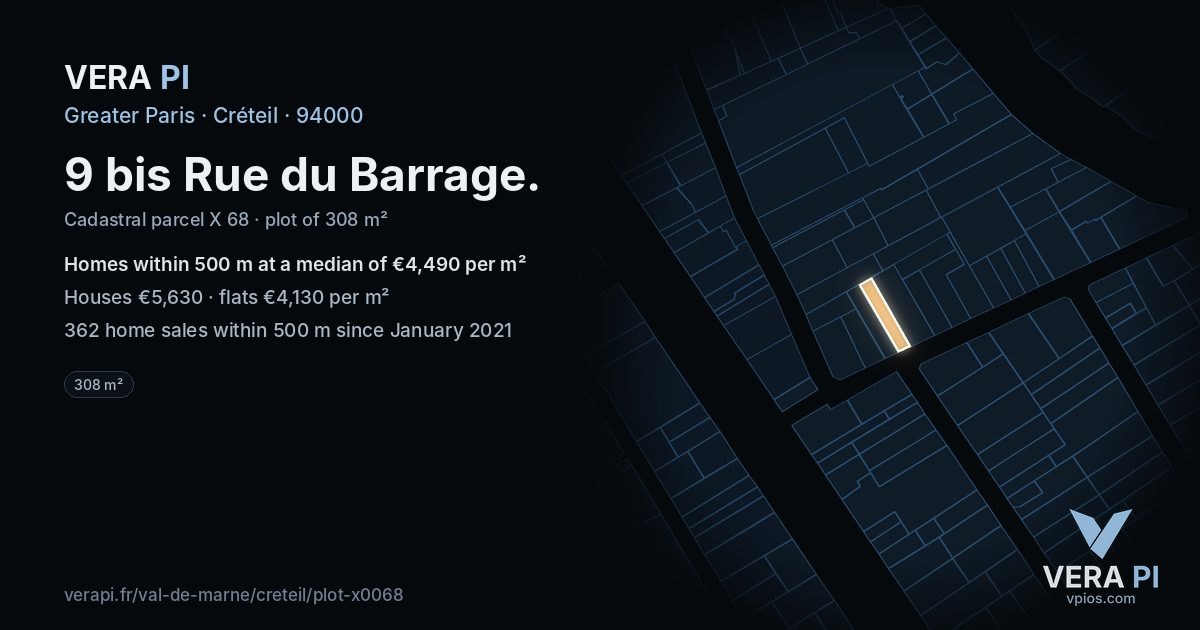 9 bis Rue du Barrage, Créteil at night – the plot lit, the parcels around coloured by the prices near them