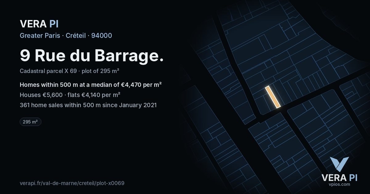 9 Rue du Barrage, Créteil at night – the plot lit, the parcels around coloured by the prices near them