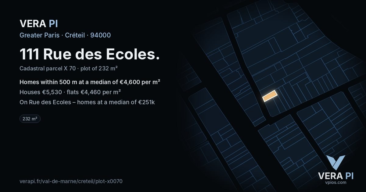 111 Rue des Ecoles, Créteil at night – the plot lit, the parcels around coloured by the prices near them
