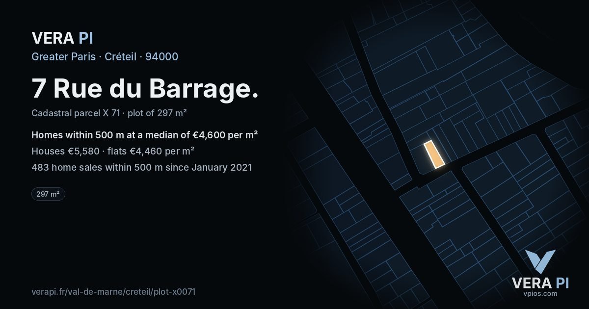 7 Rue du Barrage, Créteil at night – the plot lit, the parcels around coloured by the prices near them