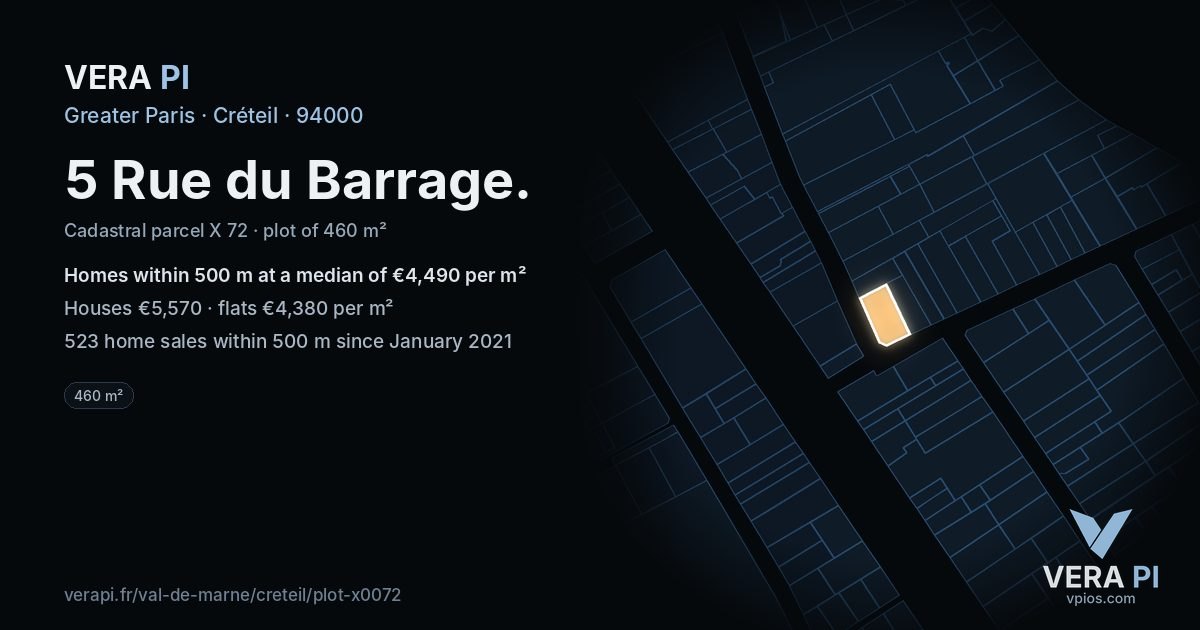 5 Rue du Barrage, Créteil at night – the plot lit, the parcels around coloured by the prices near them