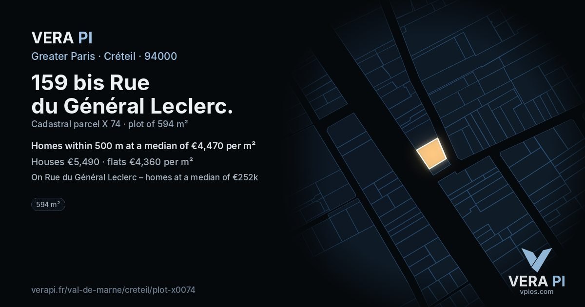 159 bis Rue du Général Leclerc, Créteil at night – the plot lit, the parcels around coloured by the prices near them
