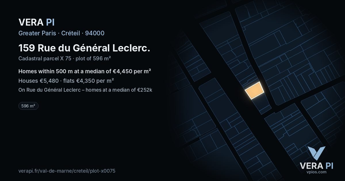 159 Rue du Général Leclerc, Créteil at night – the plot lit, the parcels around coloured by the prices near them