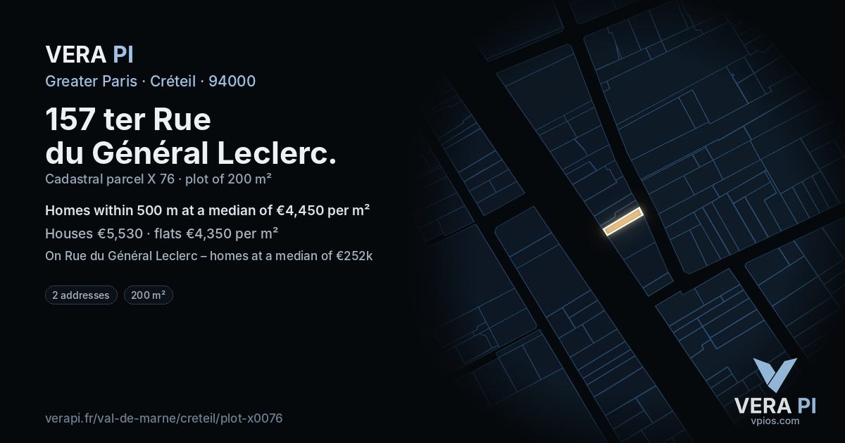 157 ter Rue du Général Leclerc, Créteil at night – the plot lit, the parcels around coloured by the prices near them