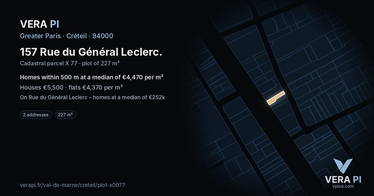 157 Rue du Général Leclerc, Créteil at night – the plot lit, the parcels around coloured by the prices near them