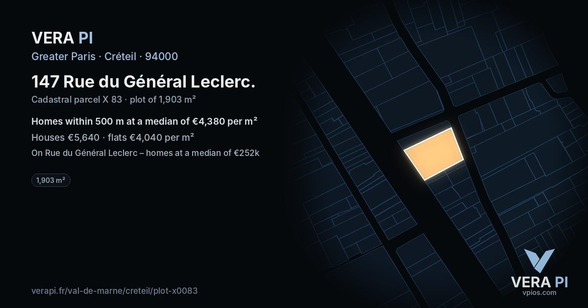 147 Rue du Général Leclerc, Créteil at night – the plot lit, the parcels around coloured by the prices near them