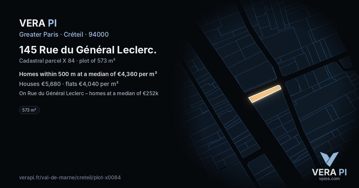 145 Rue du Général Leclerc, Créteil at night – the plot lit, the parcels around coloured by the prices near them