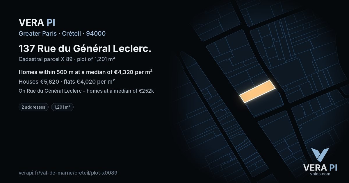 137 Rue du Général Leclerc, Créteil at night – the plot lit, the parcels around coloured by the prices near them