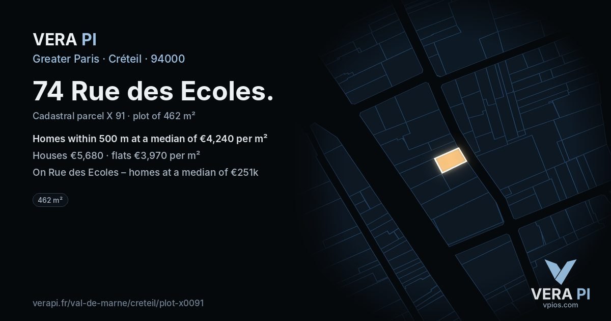 74 Rue des Ecoles, Créteil at night – the plot lit, the parcels around coloured by the prices near them
