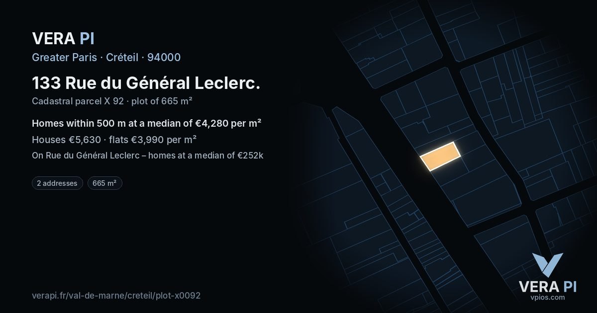 133 Rue du Général Leclerc, Créteil at night – the plot lit, the parcels around coloured by the prices near them