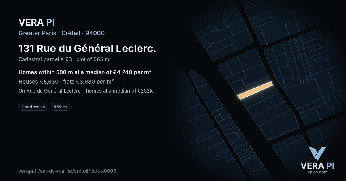 131 Rue du Général Leclerc, Créteil at night – the plot lit, the parcels around coloured by the prices near them